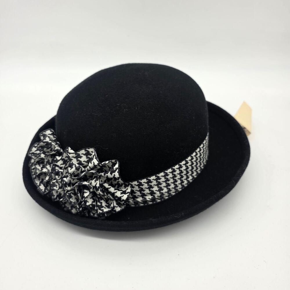 Trendsetters Hat Bowler Womens One Size Black Houndstooth Ruffle Wool Felt